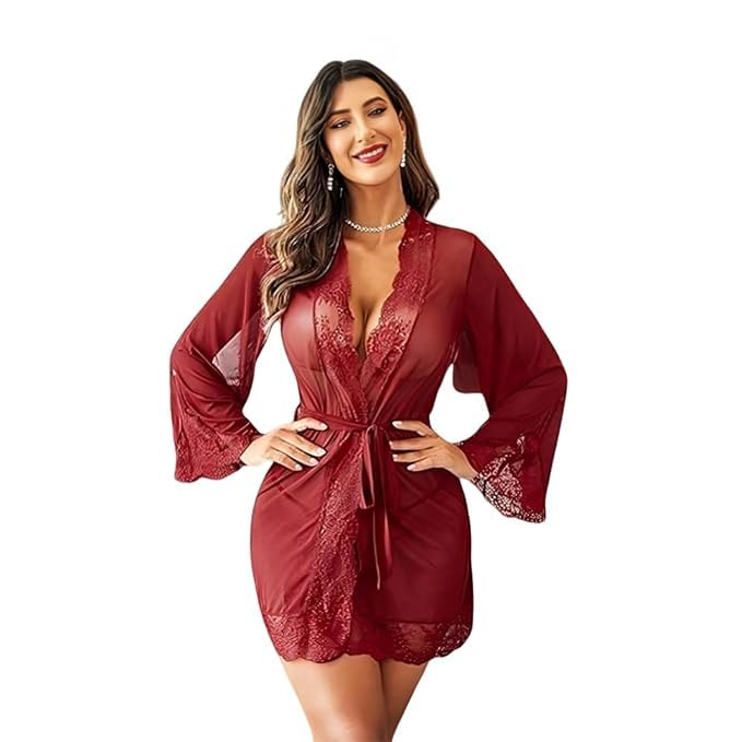 Women's Sheer Lace Mesh Robe, Long Bell Sleeve