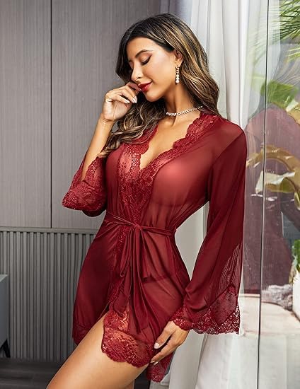 Women's Sheer Lace Mesh Robe, Long Bell Sleeve