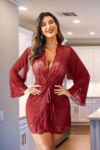 Women's Sheer Lace Mesh Robe, Long Bell Sleeve