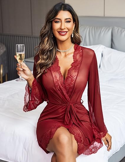 Women's Sheer Lace Mesh Robe, Long Bell Sleeve